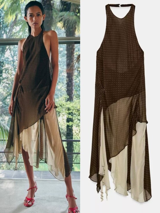 Zara Dresses & Skirts - NWT Zara Collection Brown Polka Dot Asymmetrical Combination Midi Dress